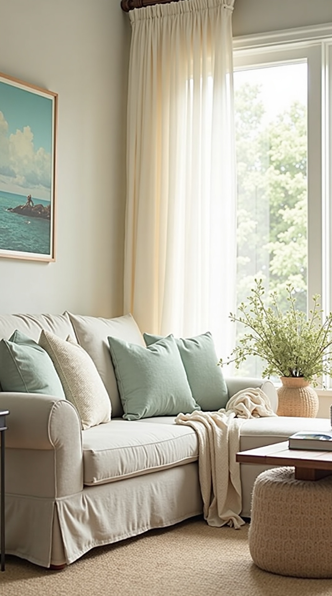 Coastal breeze summer living room with linen sofa and soft aqua tones, photo 1 of 5