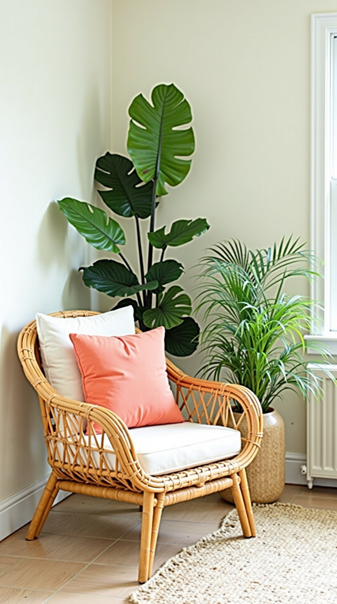 Tropical summer living room corner with rattan chair and lush plants, photo 2 of 5