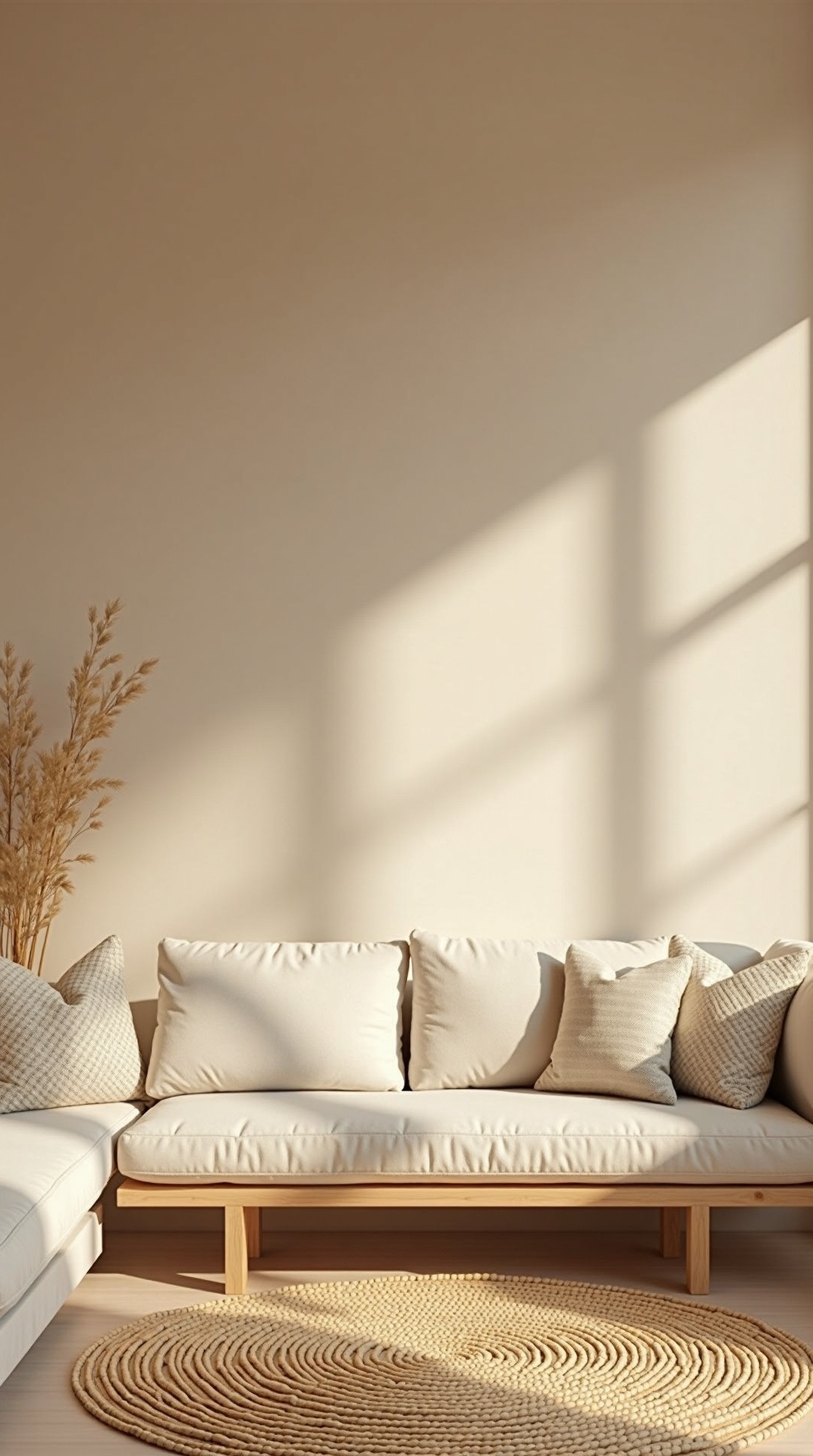 Minimalist neutral summer living room with woven jute rug, photo 3 of 5