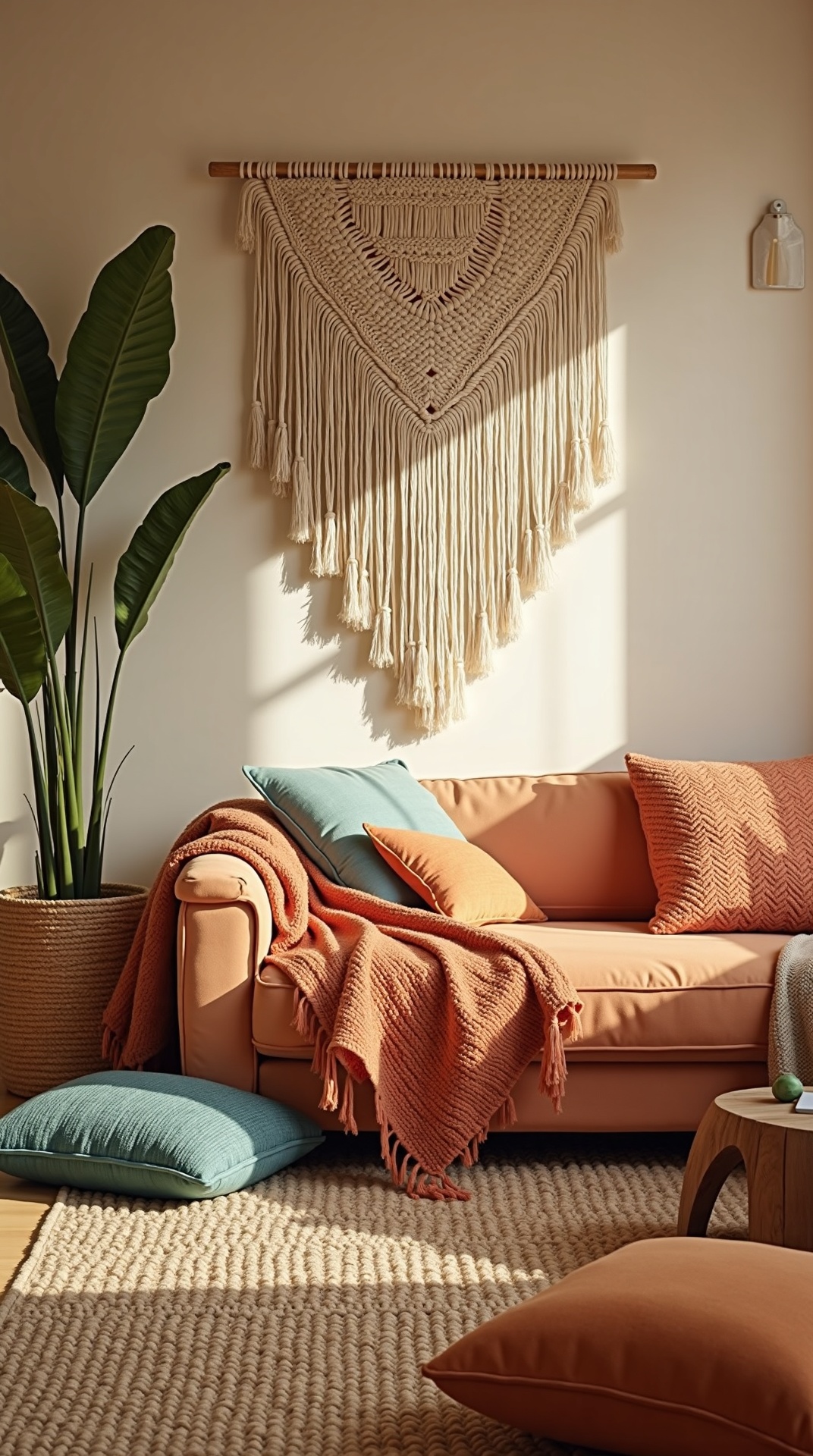 Boho chic summer living room with layered textiles and macrame, photo 4 of 5