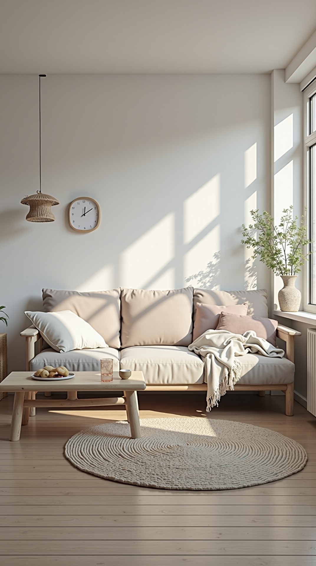 Scandinavian summer living room with whitewashed wood, photo 1 of 5