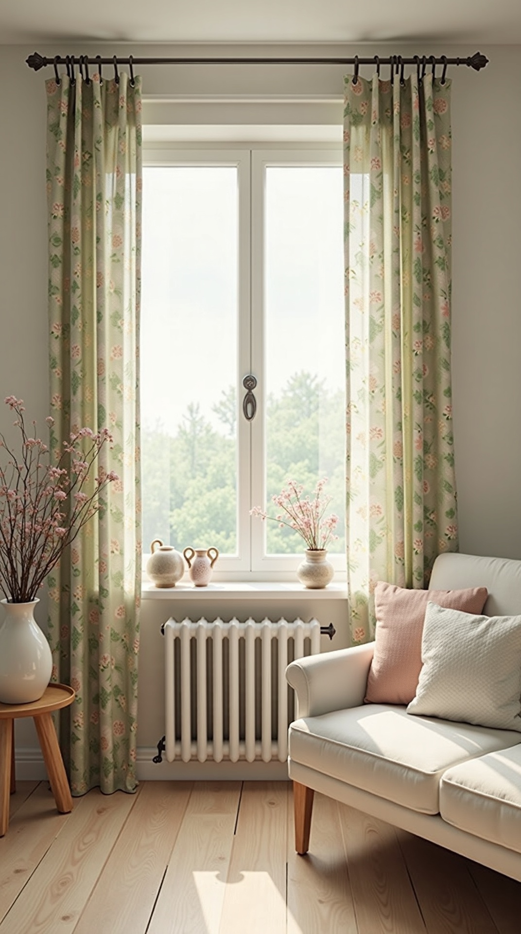 Cottagecore summer living room with airy florals and vintage pottery, photo 3 of 5