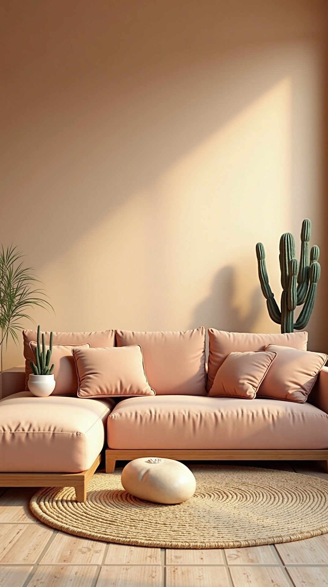 Desert neutral living room with jute rugs and clay tones, photo 4 of 5