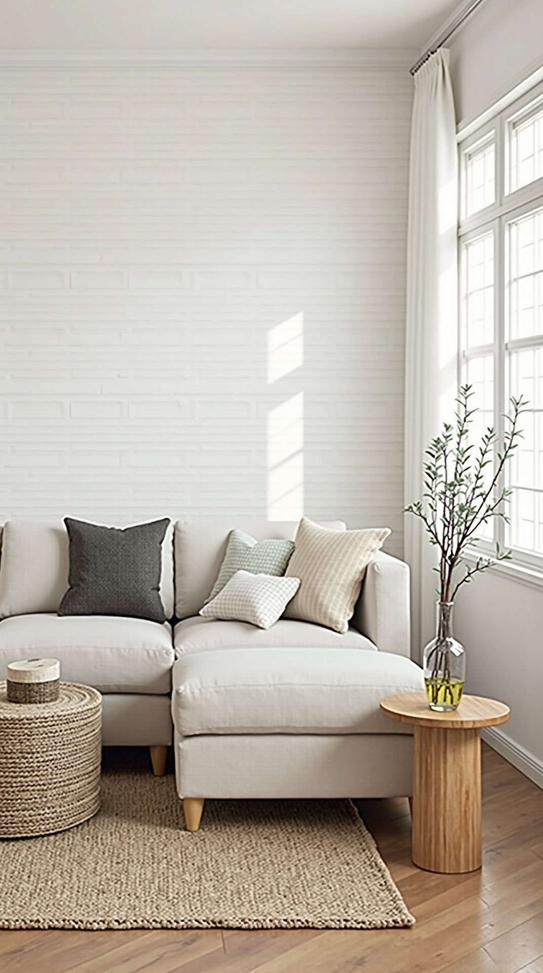 Modern farmhouse summer living room with soft woven textures, photo 5 of 5
