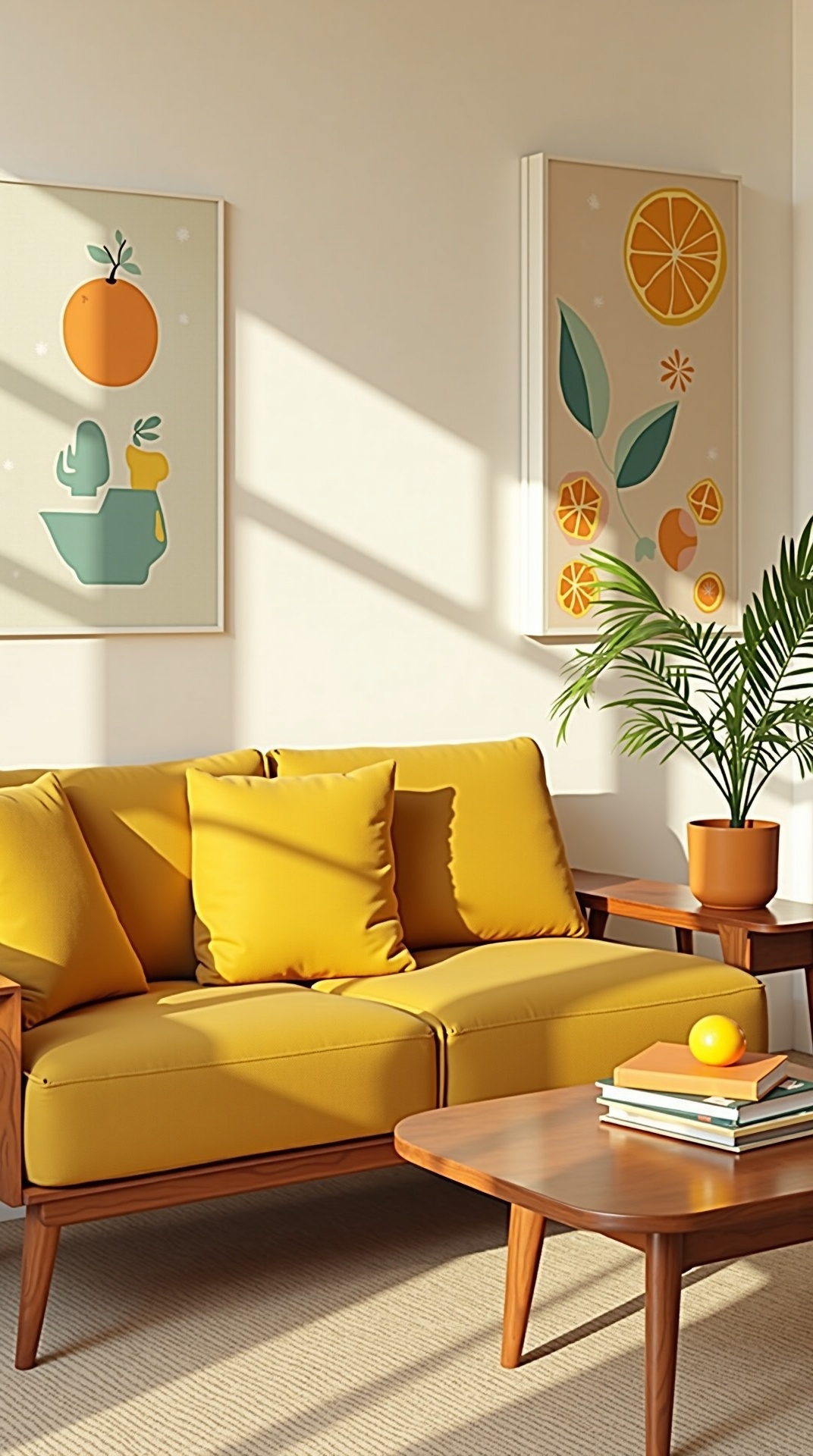 Mid-century summer living room with walnut furniture and citrus accents, photo 1 of 5