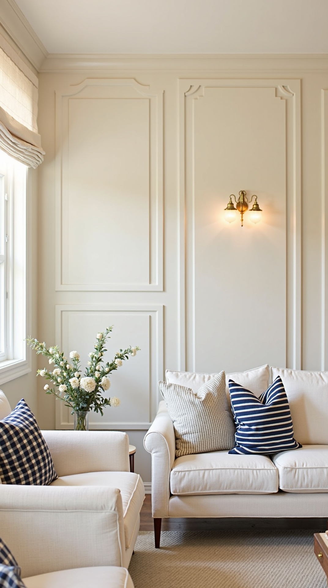 French Riviera living room with ivory and navy palette, photo 2 of 5