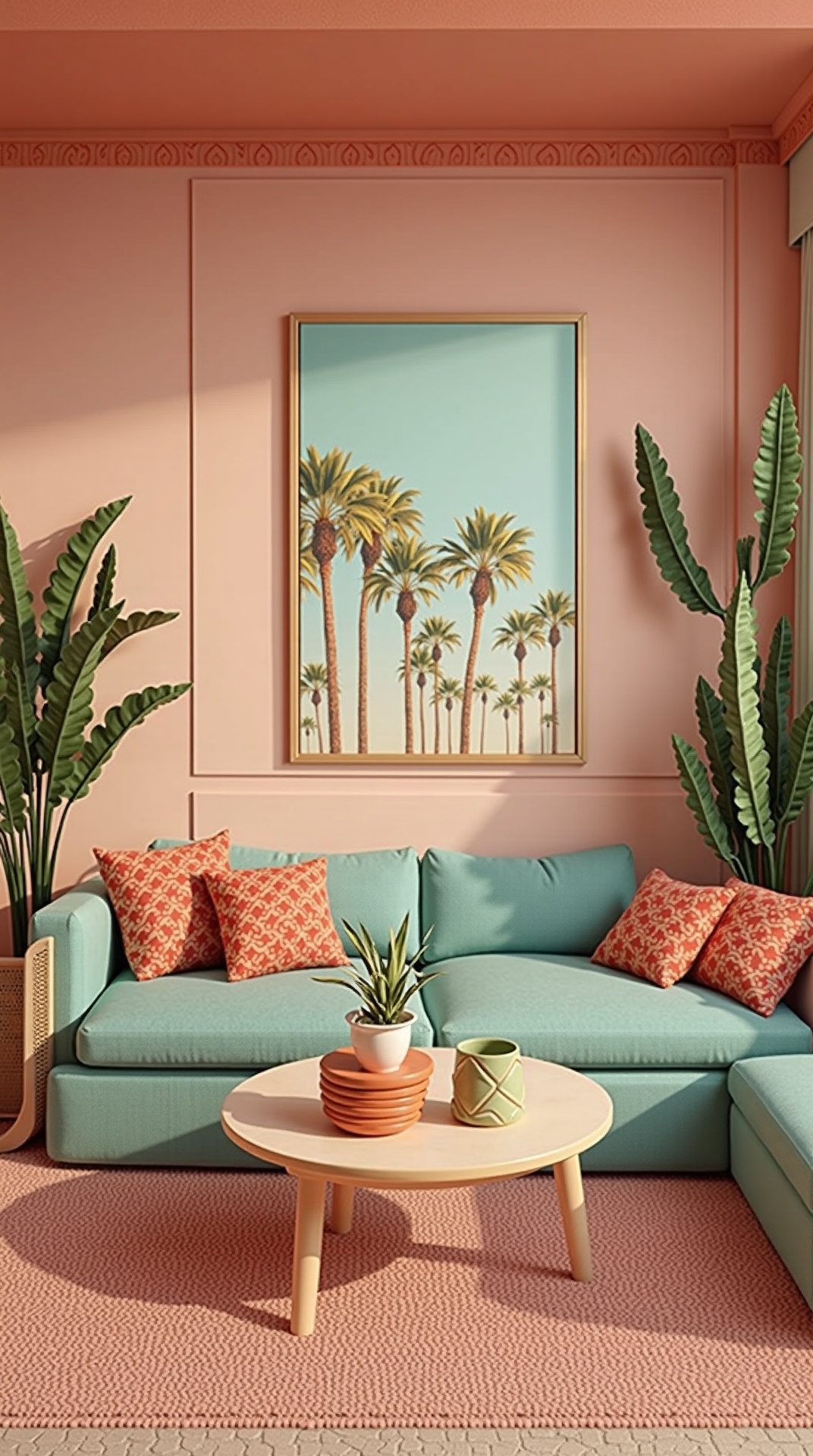 Retro Palm Springs living room with dusty pink and turquoise, photo 3 of 5