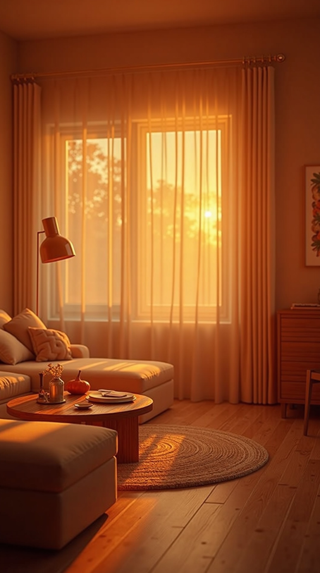 Sunset glow living room in golden amber and blush tones, photo 1 of 5