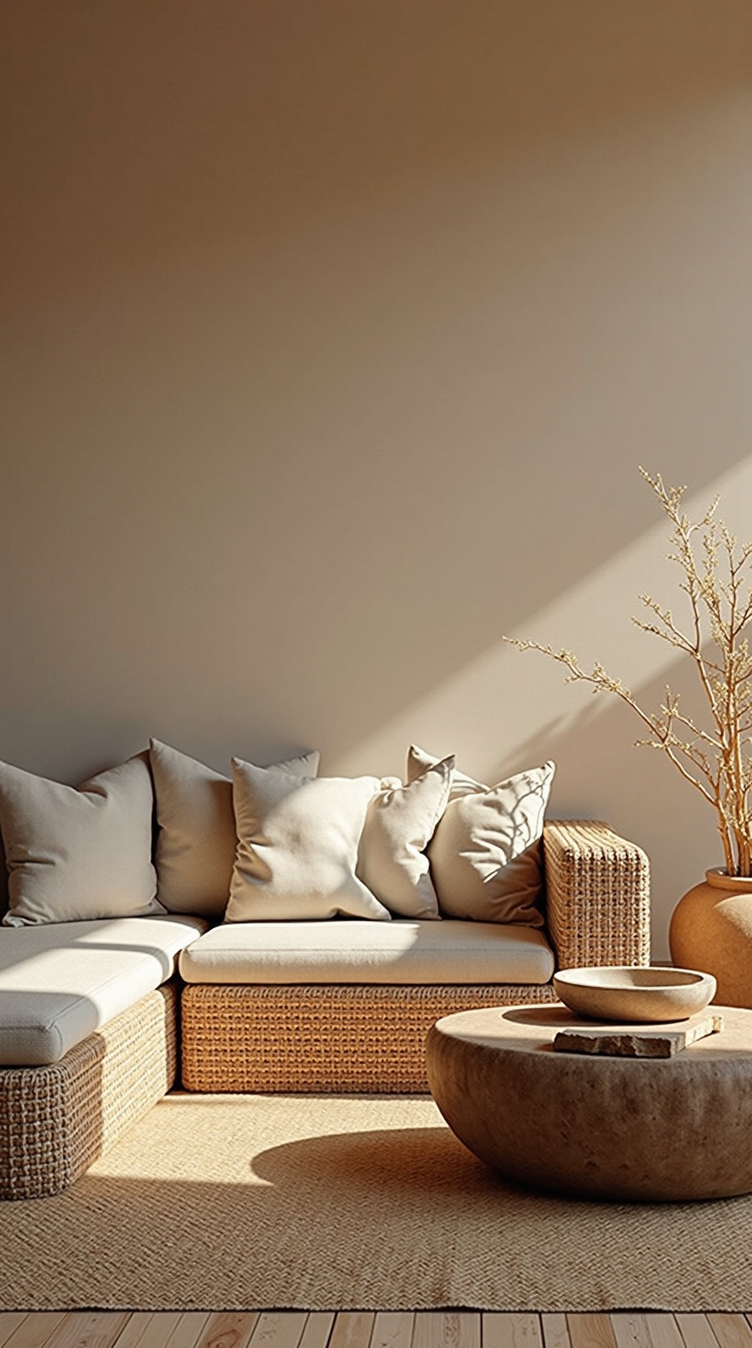 Natural texture living room with rattan and seagrass, photo 2 of 5