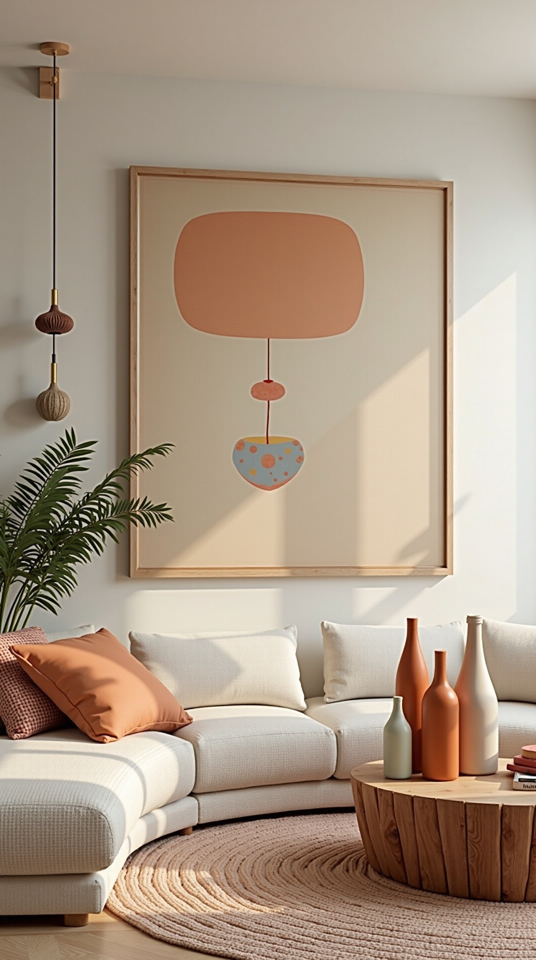 Artistic living room with abstract prints and colorful ceramics, photo 3 of 5