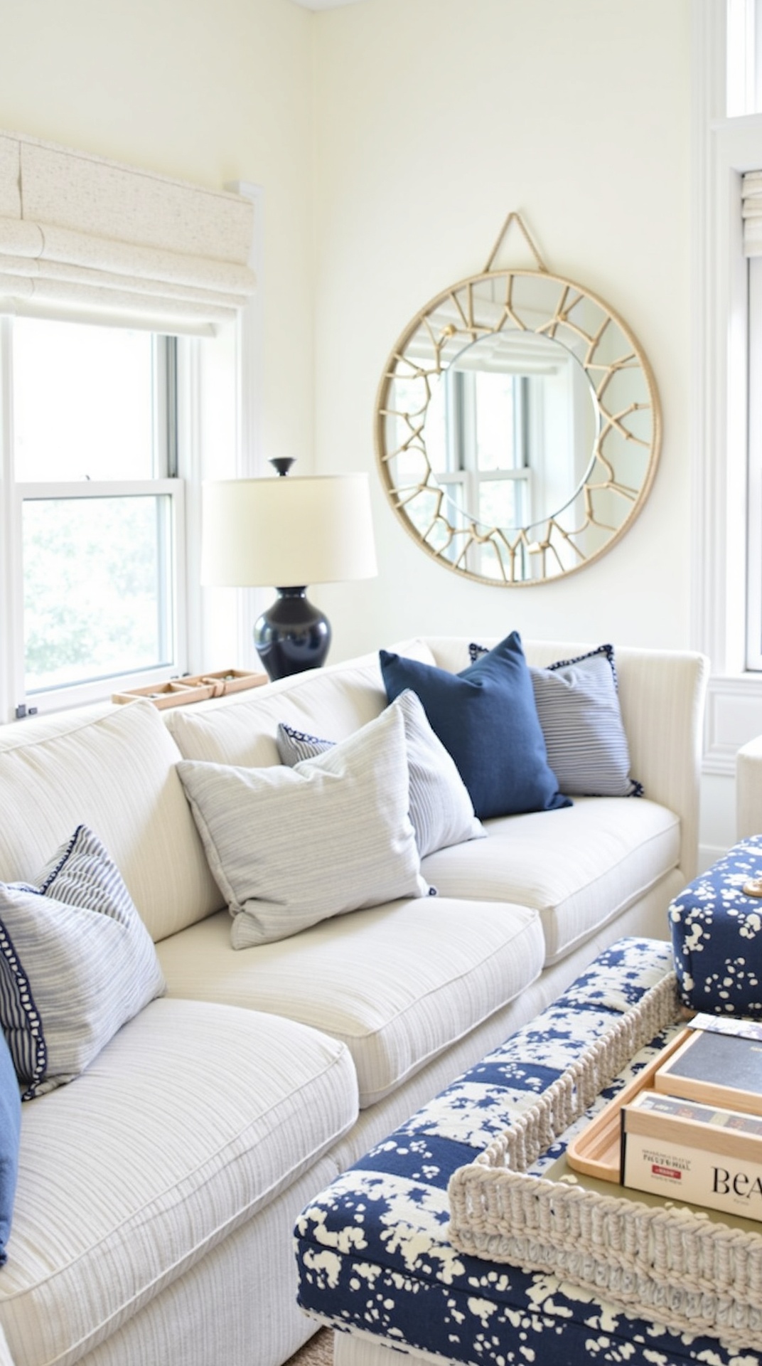 Nautical navy living room with navy, white, and gold accents, photo 1 of 5