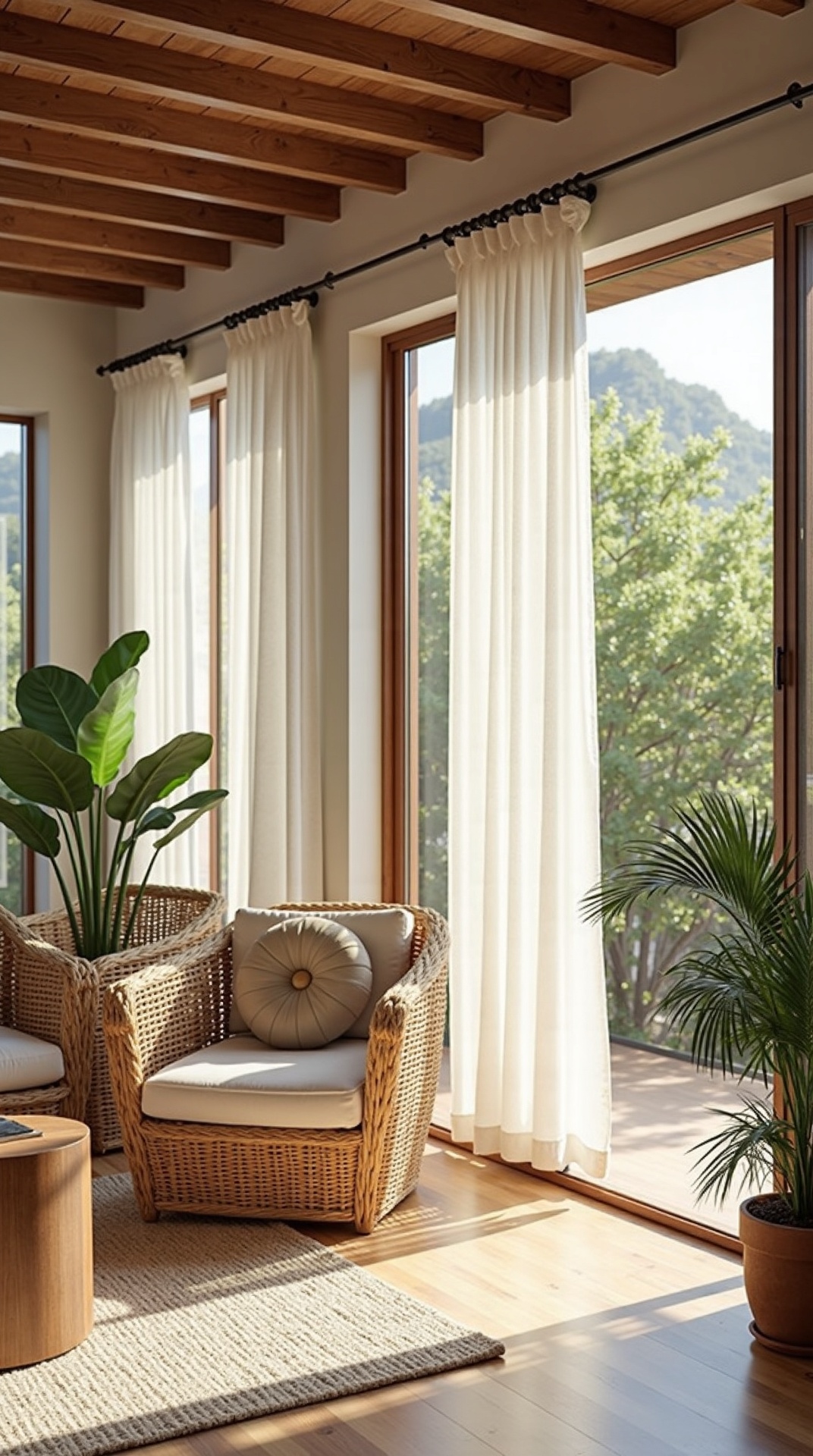 Outdoor-inspired living room with sheer curtains and woven chairs, photo 5 of 5