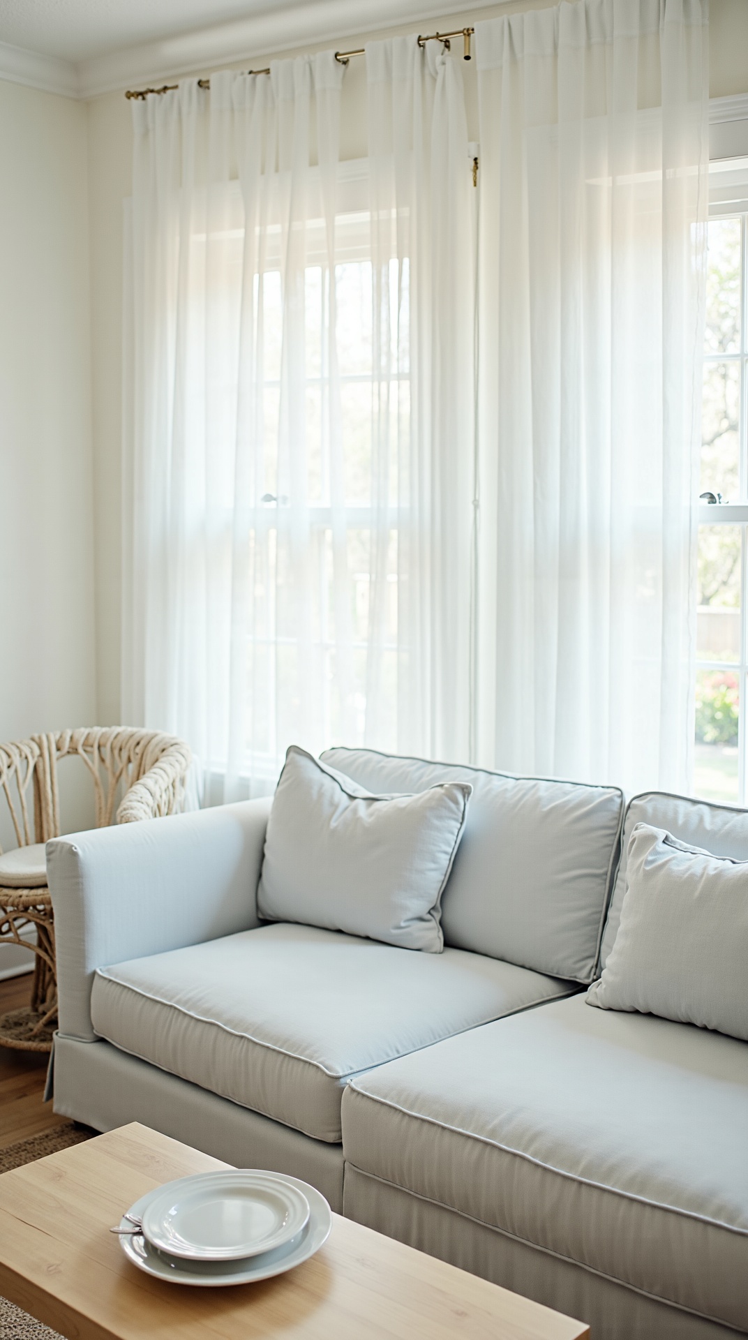 Coastal-inspired summer living room with light fabrics and natural daylight, photo 1 of 5