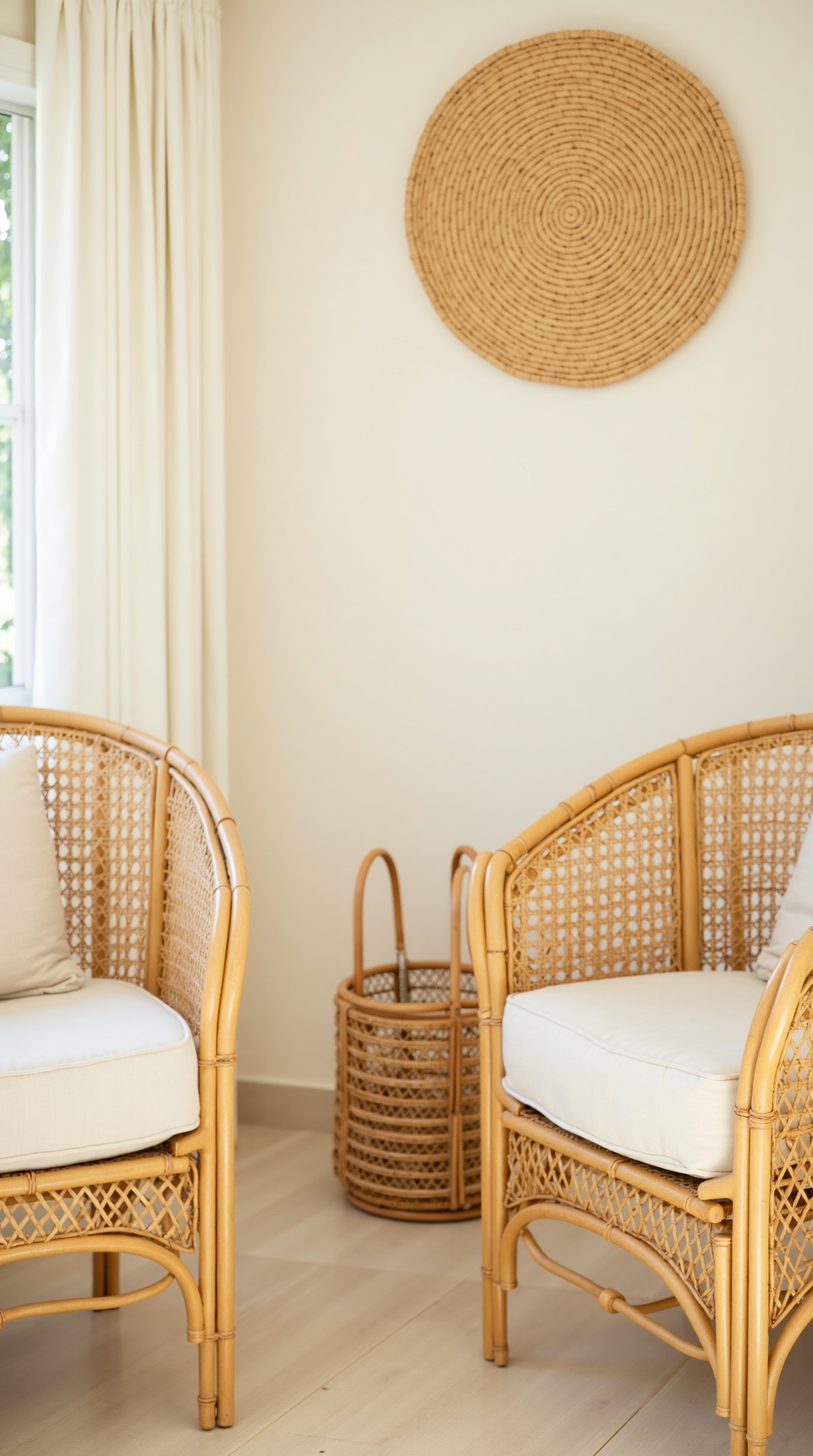 Summer living room layered with rattan, cane and linen textures, photo 1 of 5