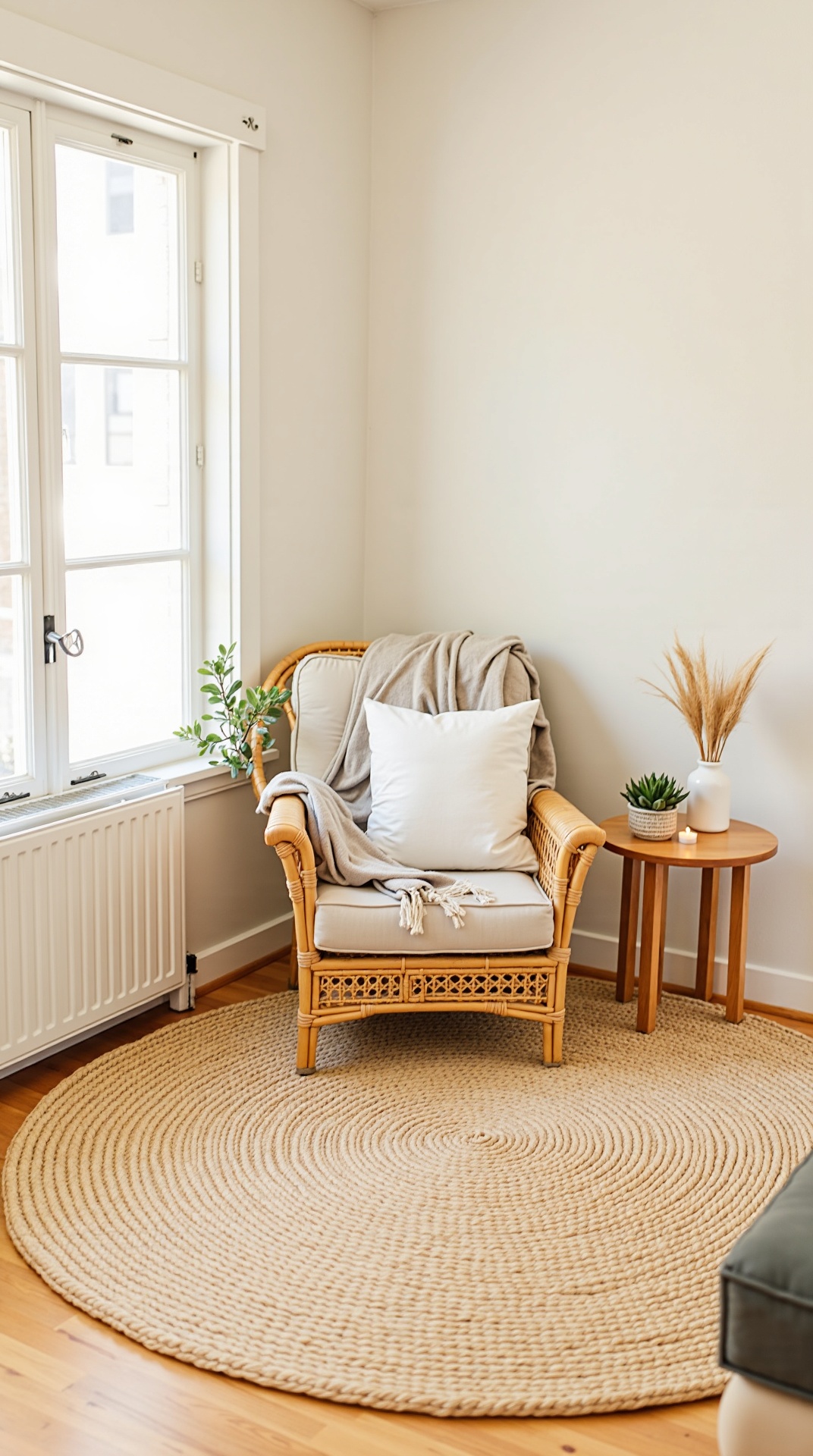 Summer living room layered with rattan, cane and linen textures, photo 2 of 5