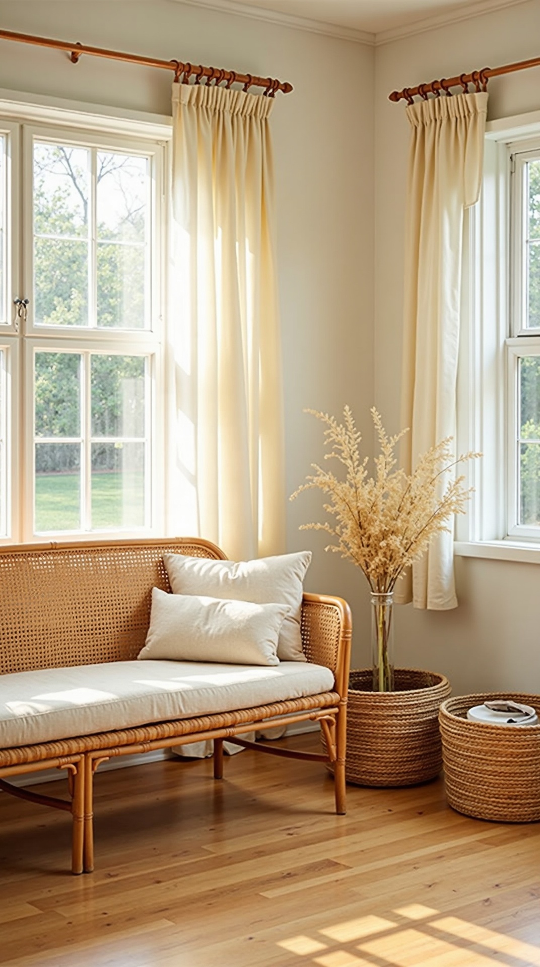 Summer living room layered with rattan, cane and linen textures, photo 4 of 5