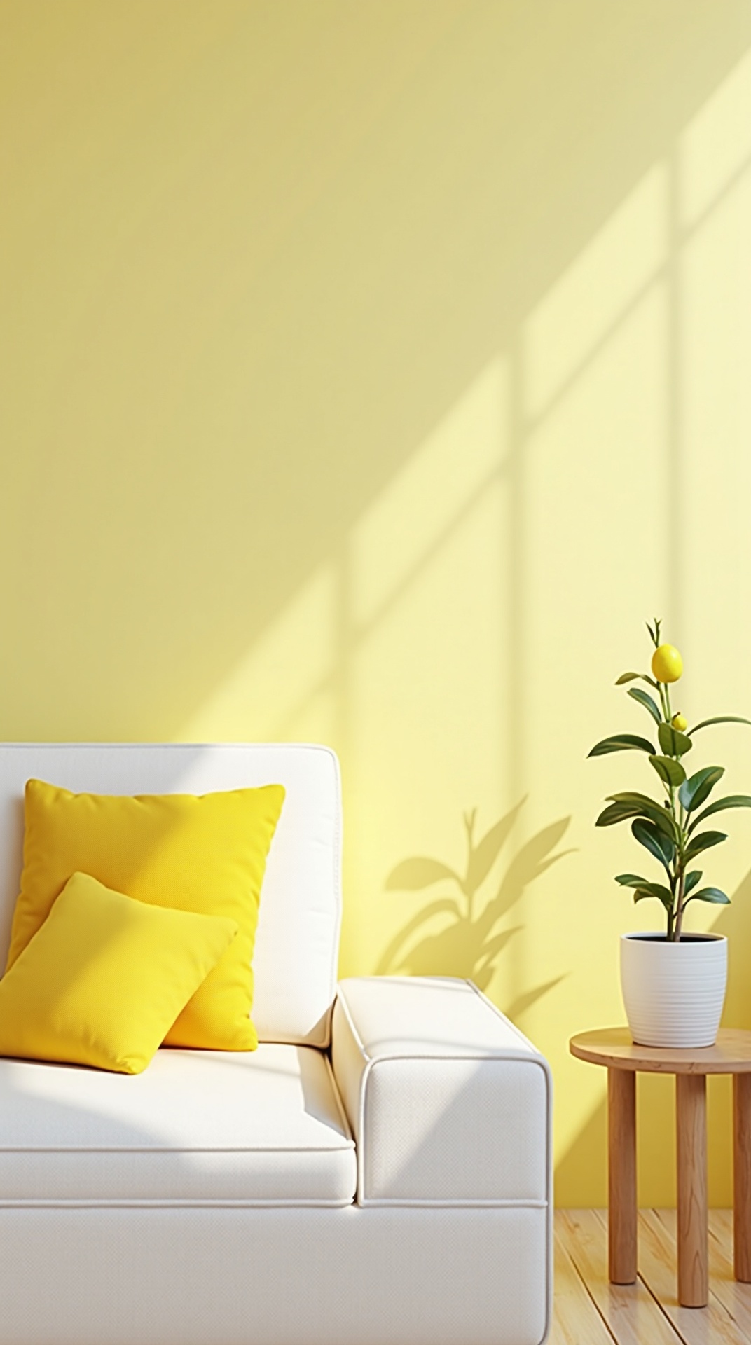 Bright summer living room corner with citrus color and greenery, photo 1 of 5