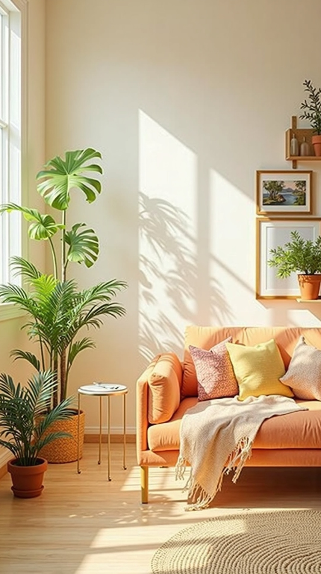 Bright summer living room corner with citrus color and greenery, photo 2 of 5