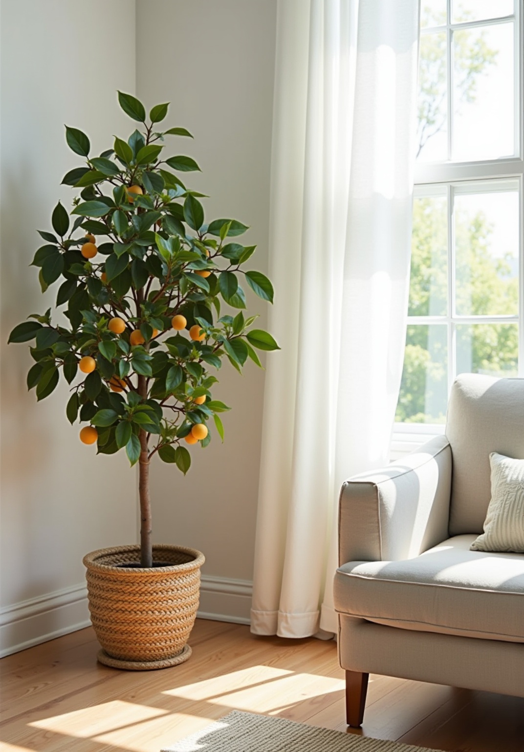 Bright summer living room corner with citrus color and greenery, photo 3 of 5