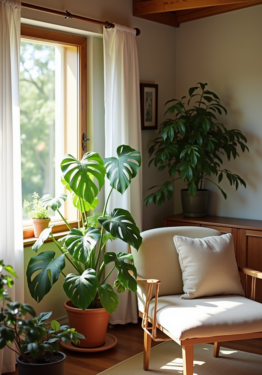 Bright summer living room corner with citrus color and greenery, photo 5 of 5