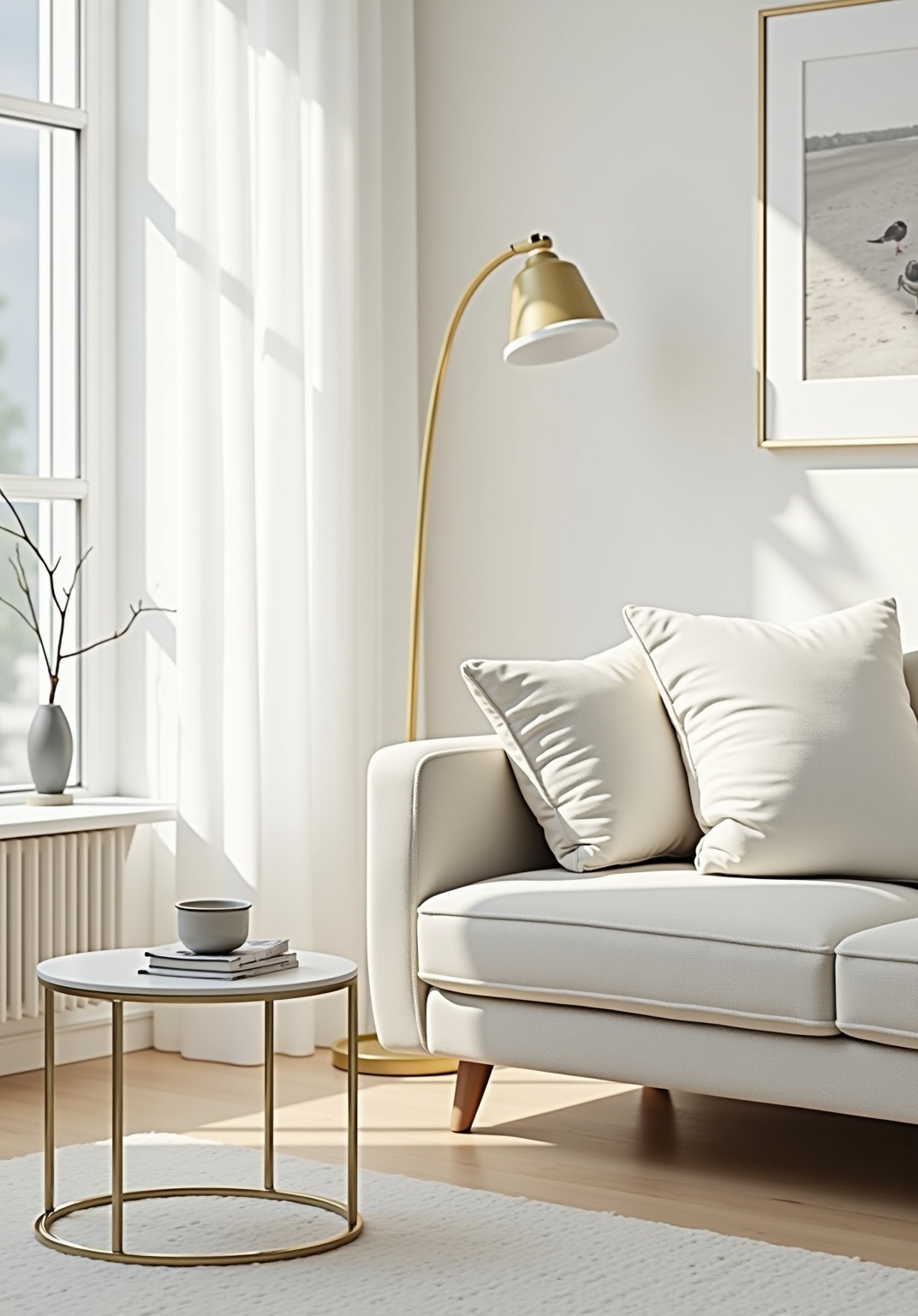 Minimalist white summer living room with clean, airy styling, photo 2 of 5