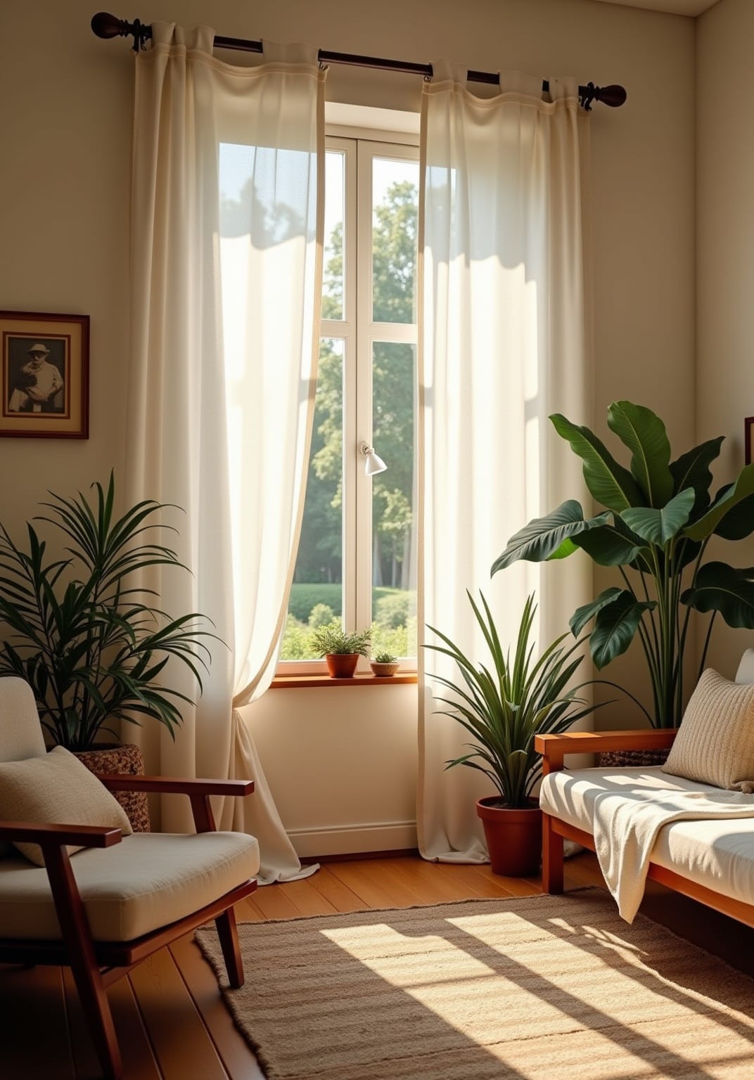 Sheer linen curtains in an airy boho living room