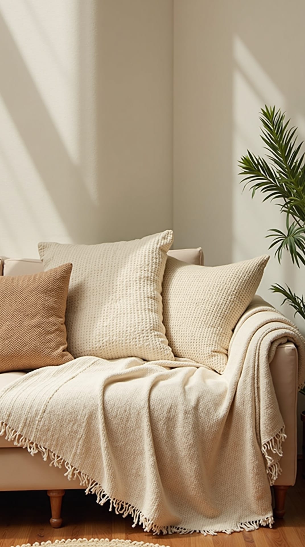 Boho sofa layered with cotton throws and cushions