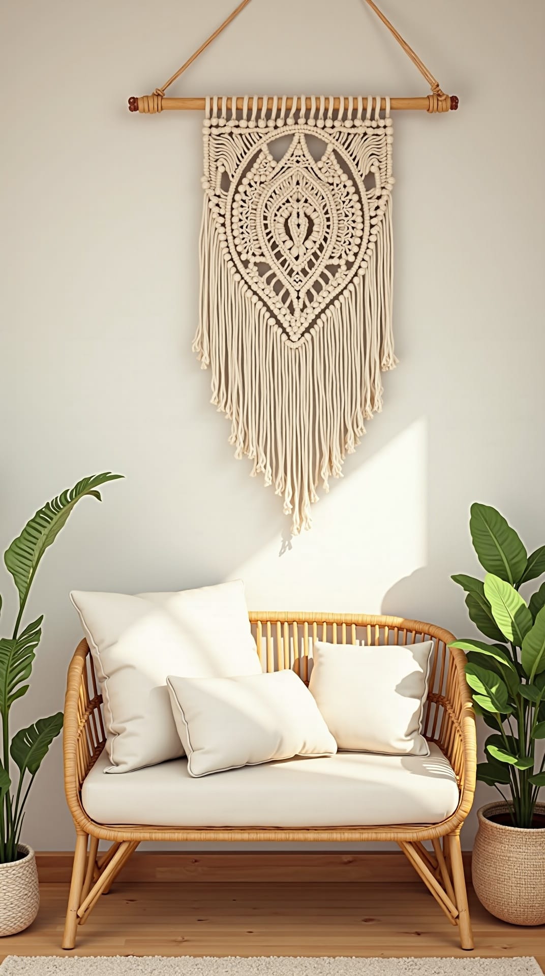 Macrame wall hanging above a rattan bench