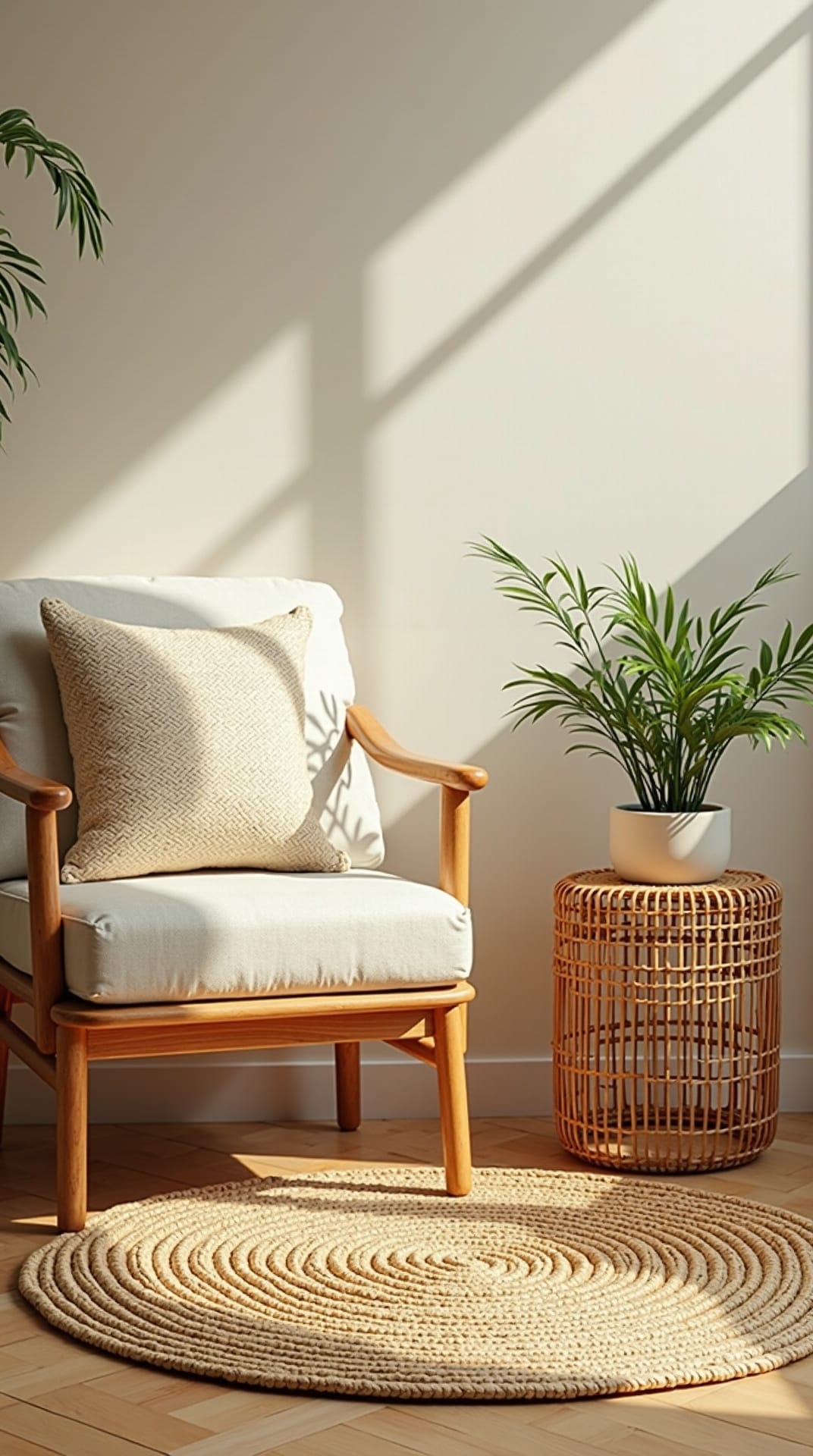 Woven jute rug and rattan side table in a sunny corner