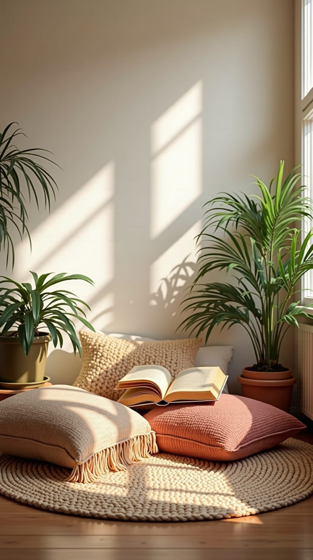 Airy boho reading nook with floor cushions and a plant