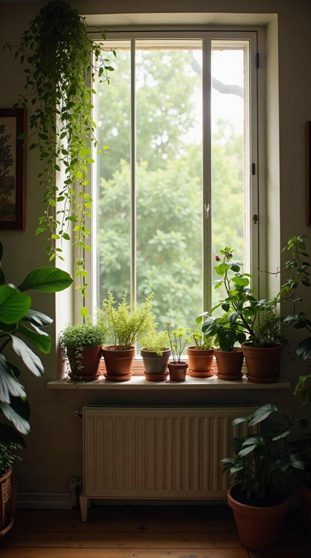 Potted greenery by a bright window in a boho lounge