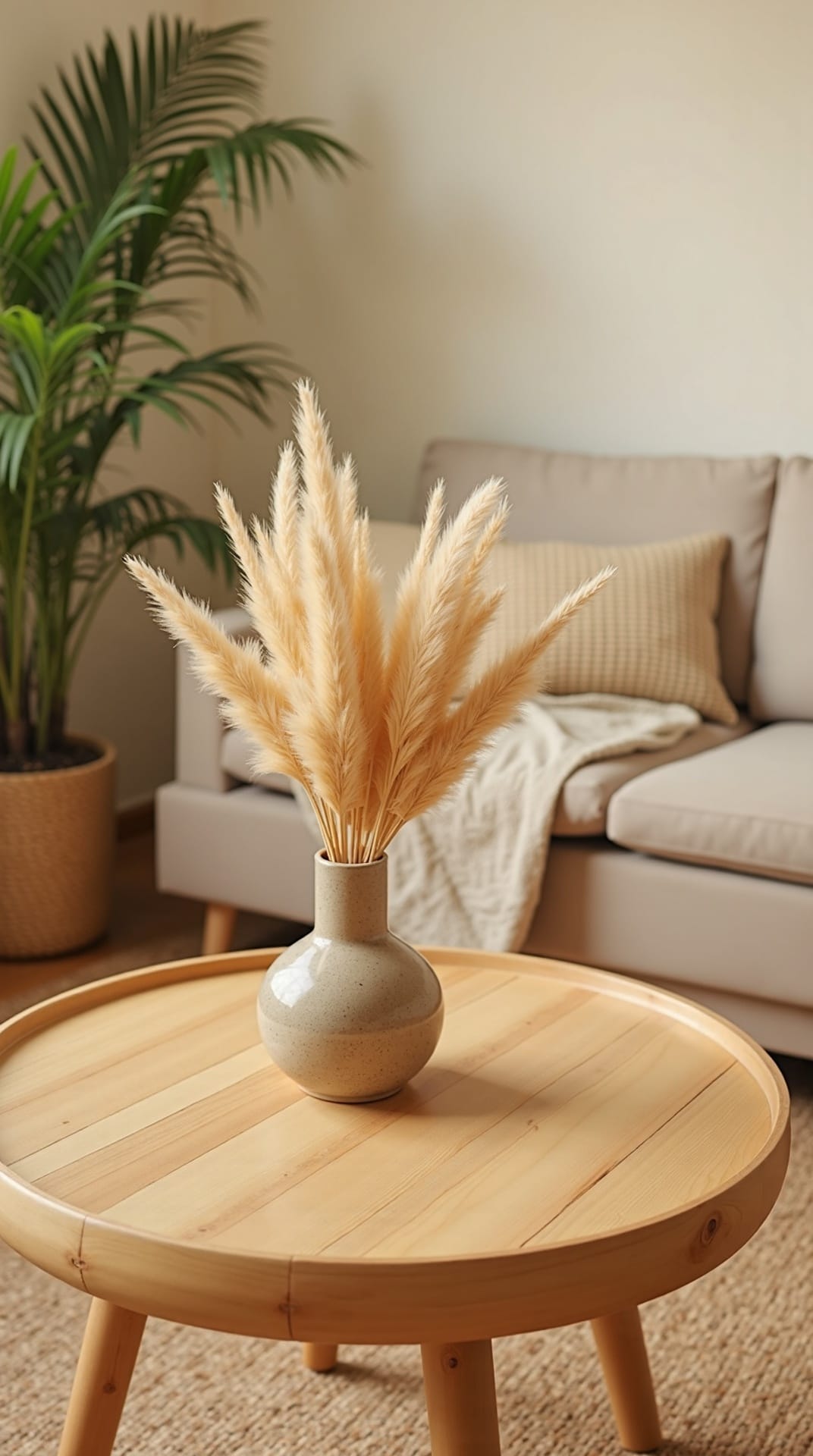 Natural wood coffee table with dried pampas grass