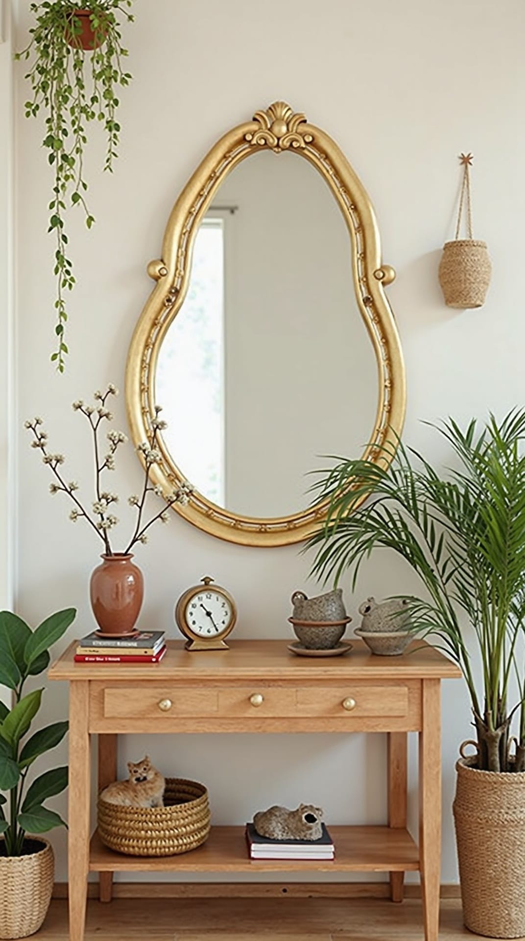 Vintage brass mirror and thrifted decor on a console