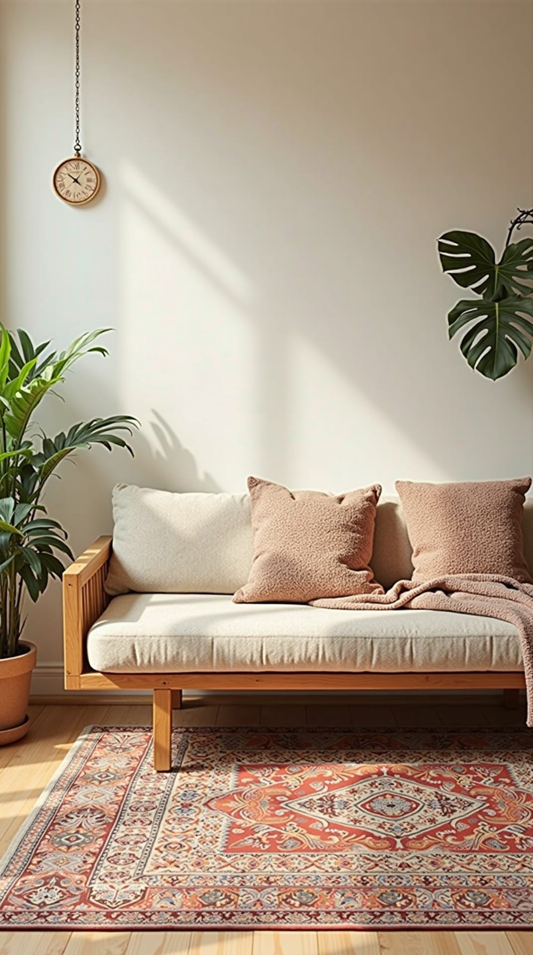 Statement patterned rug anchoring a low boho sofa