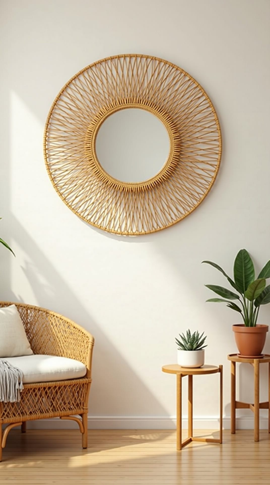 Oversized rattan mirror on a warm white boho wall