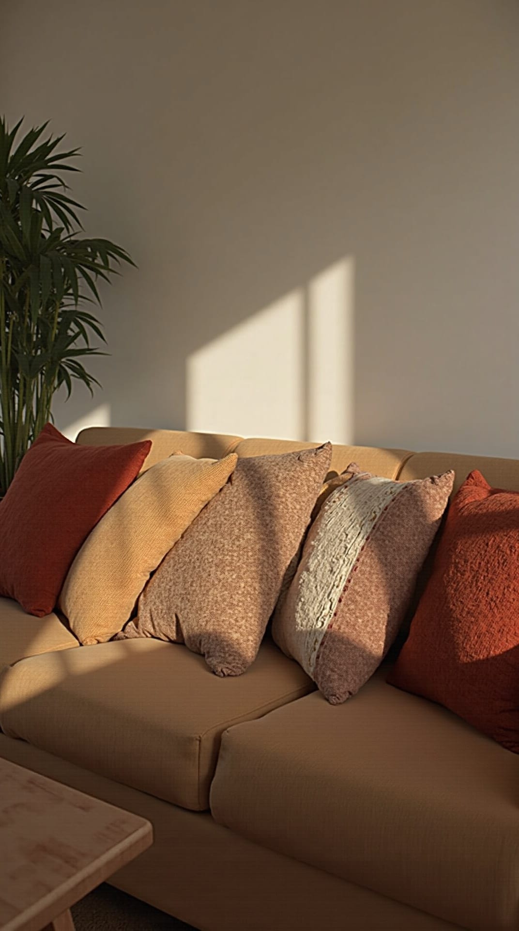 Layered earthy throw pillows on a boho sofa