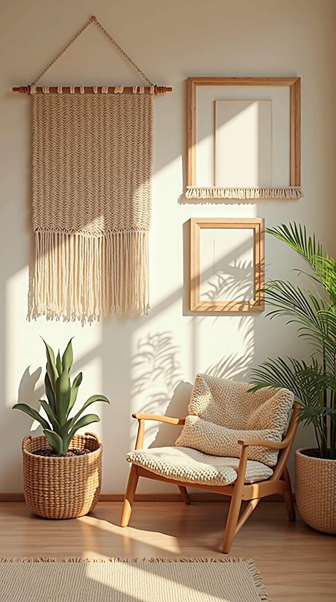 Woven tapestry and framed art on a boho wall