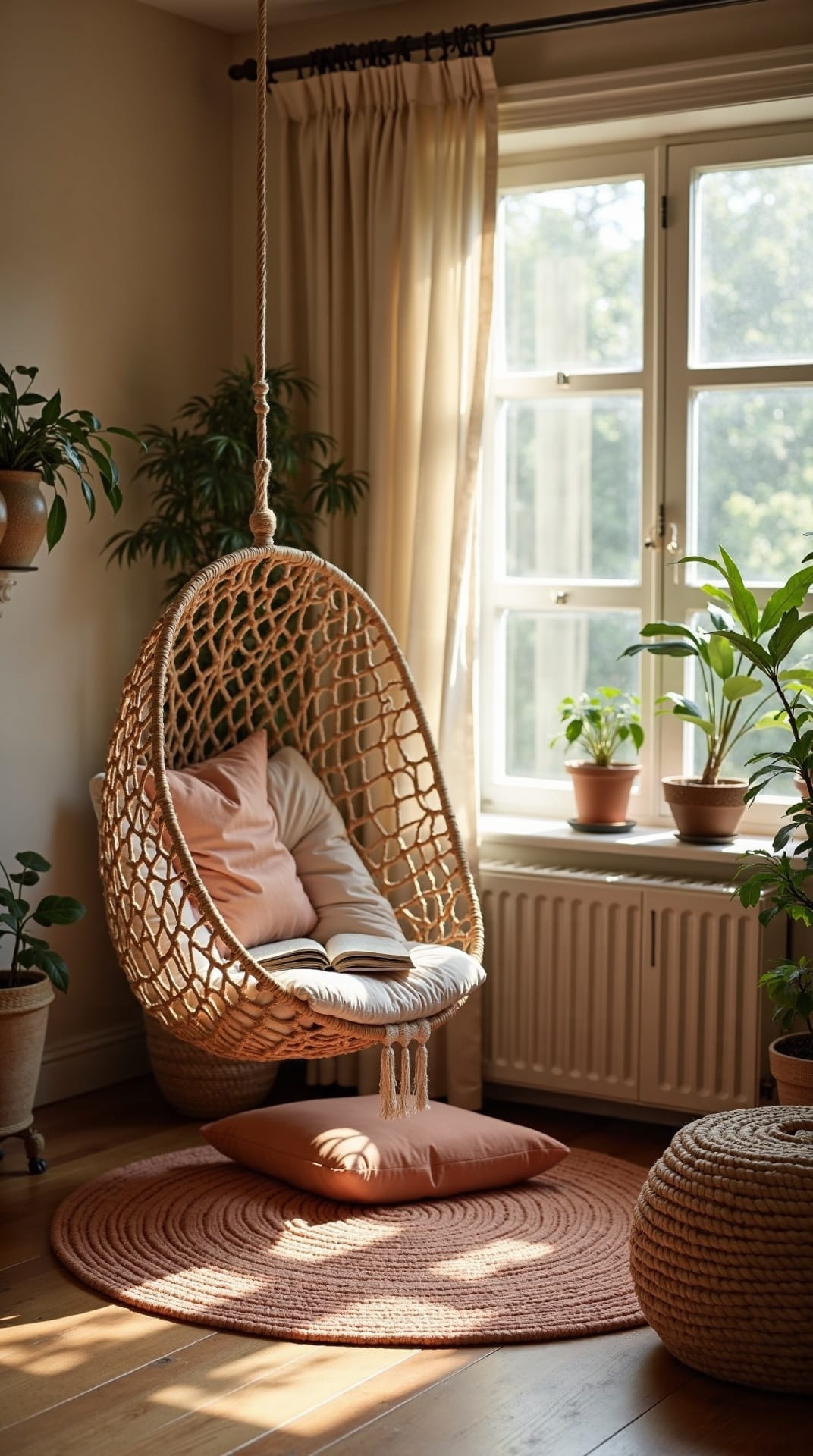 Cozy reading nook with a hanging chair and cushions