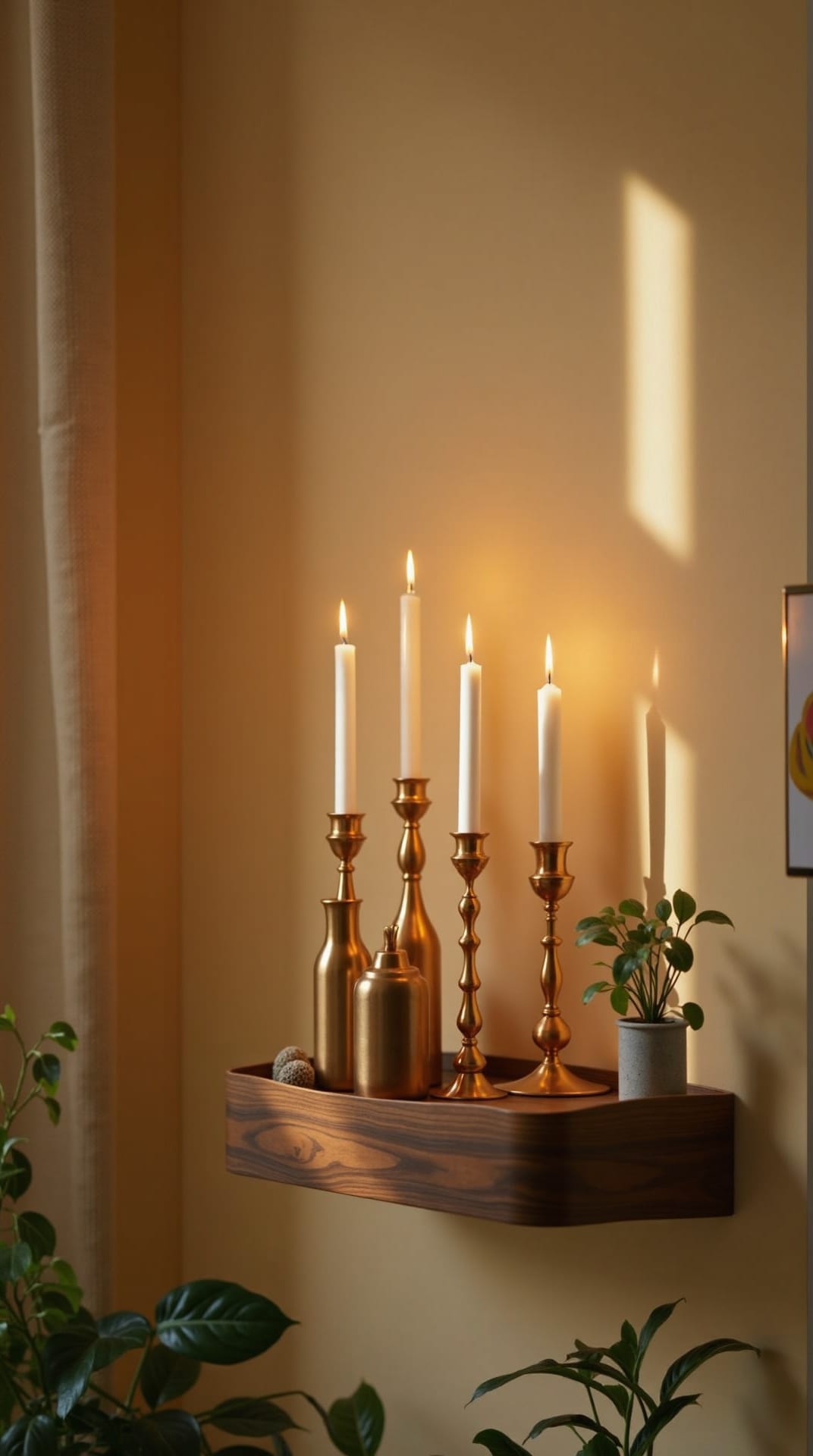 Brass candle holders and warm ambient light on a shelf