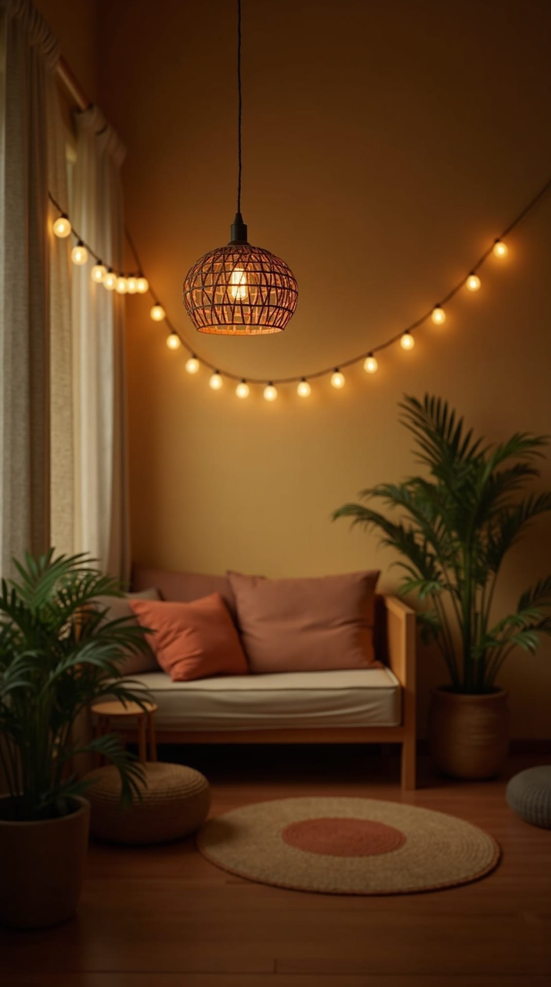 Warm string lights and a rattan pendant at golden hour