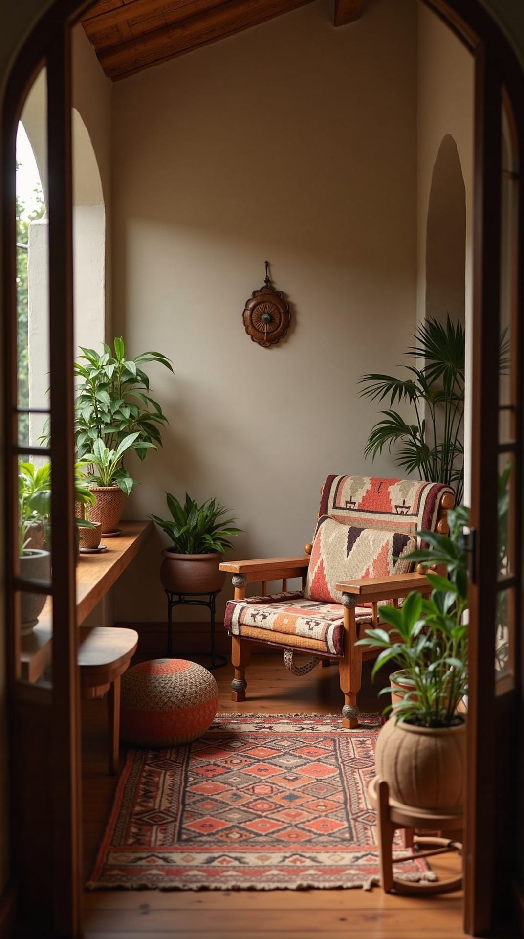 Global boho decor with kilim textiles and carved wood