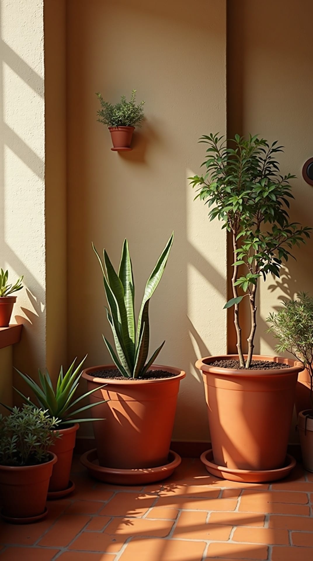 Terracotta pots and clay-toned accents in a sunny corner