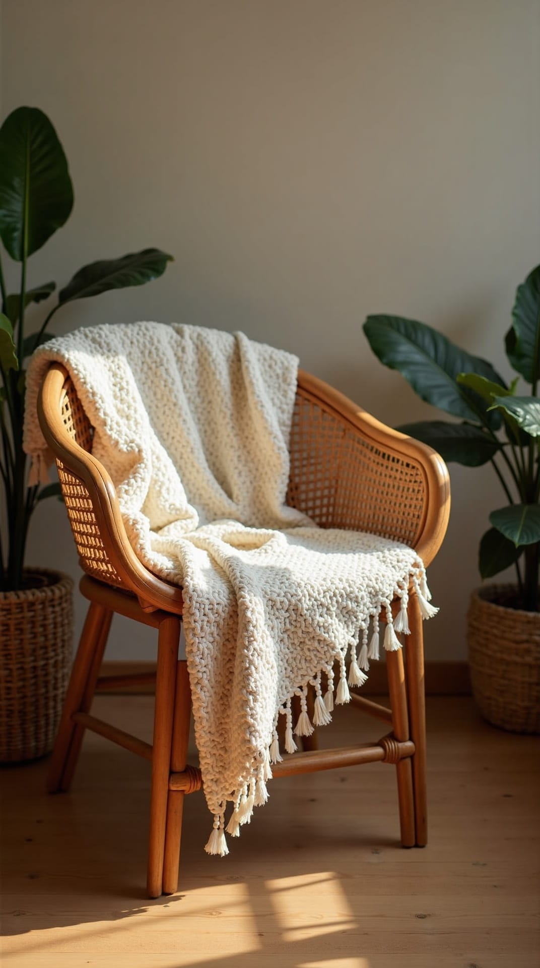 Fringed throw blanket over a rattan armchair