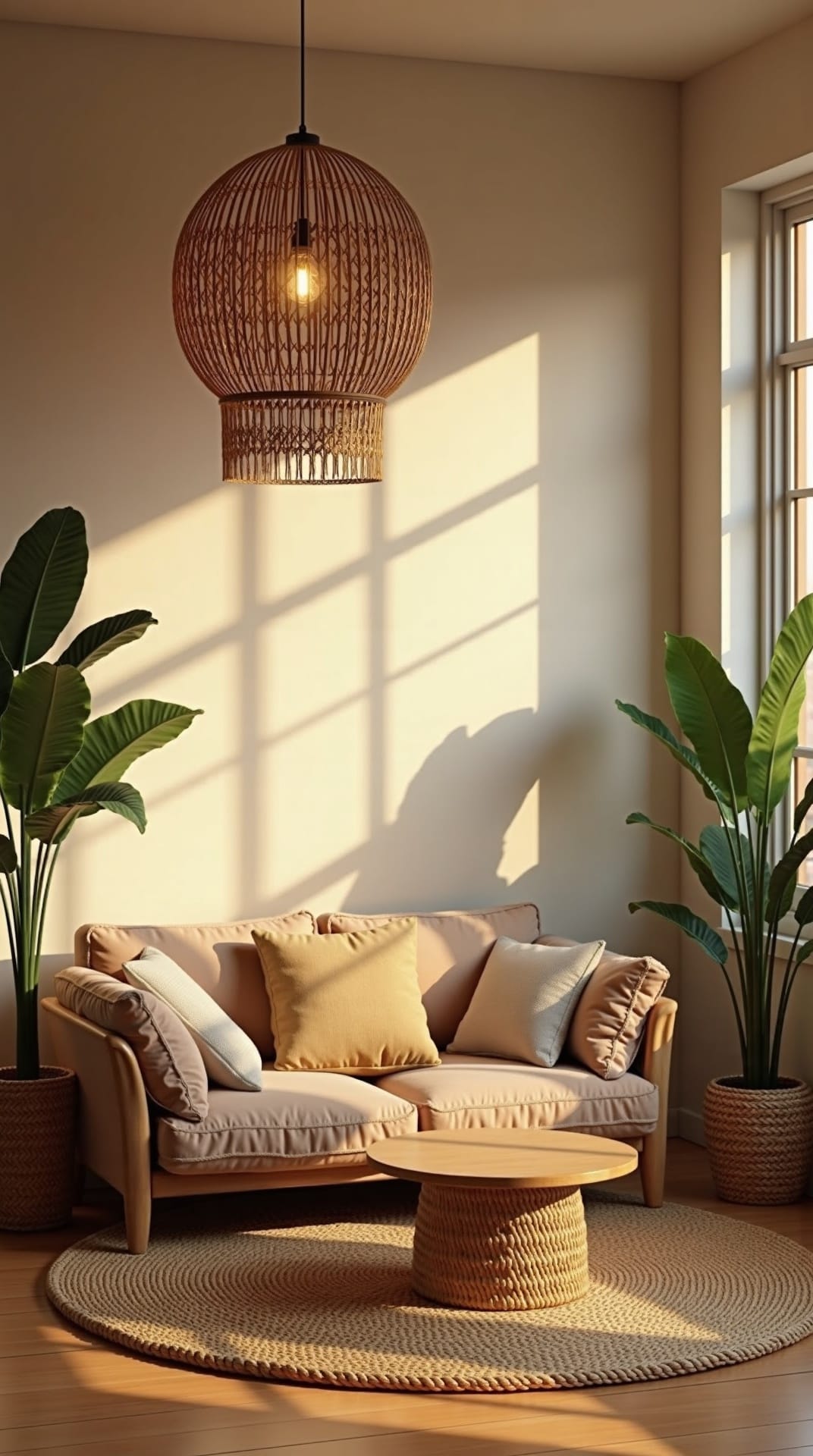 Statement rattan pendant over a low boho seating area