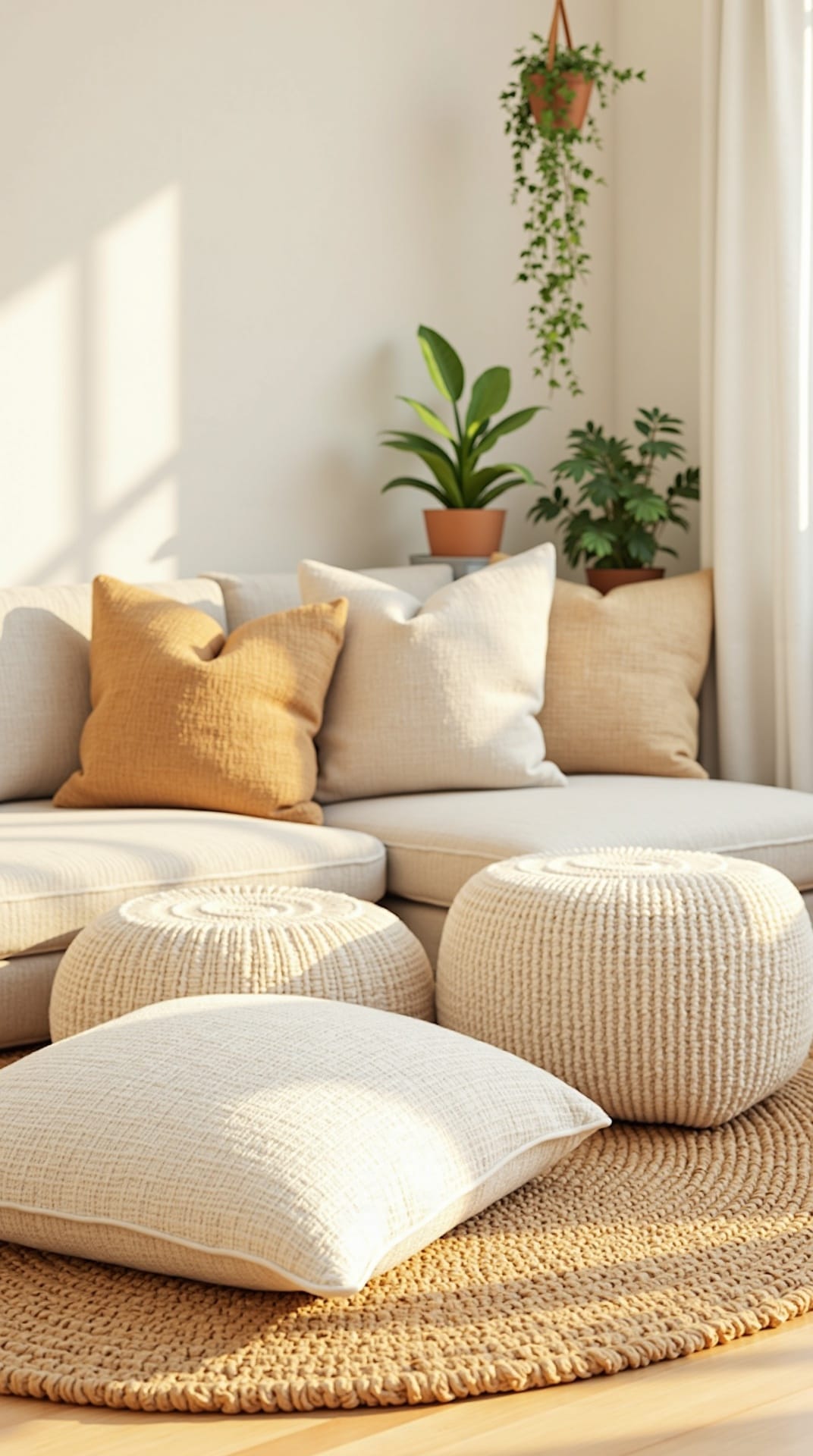 Floor cushions and poufs on a jute rug