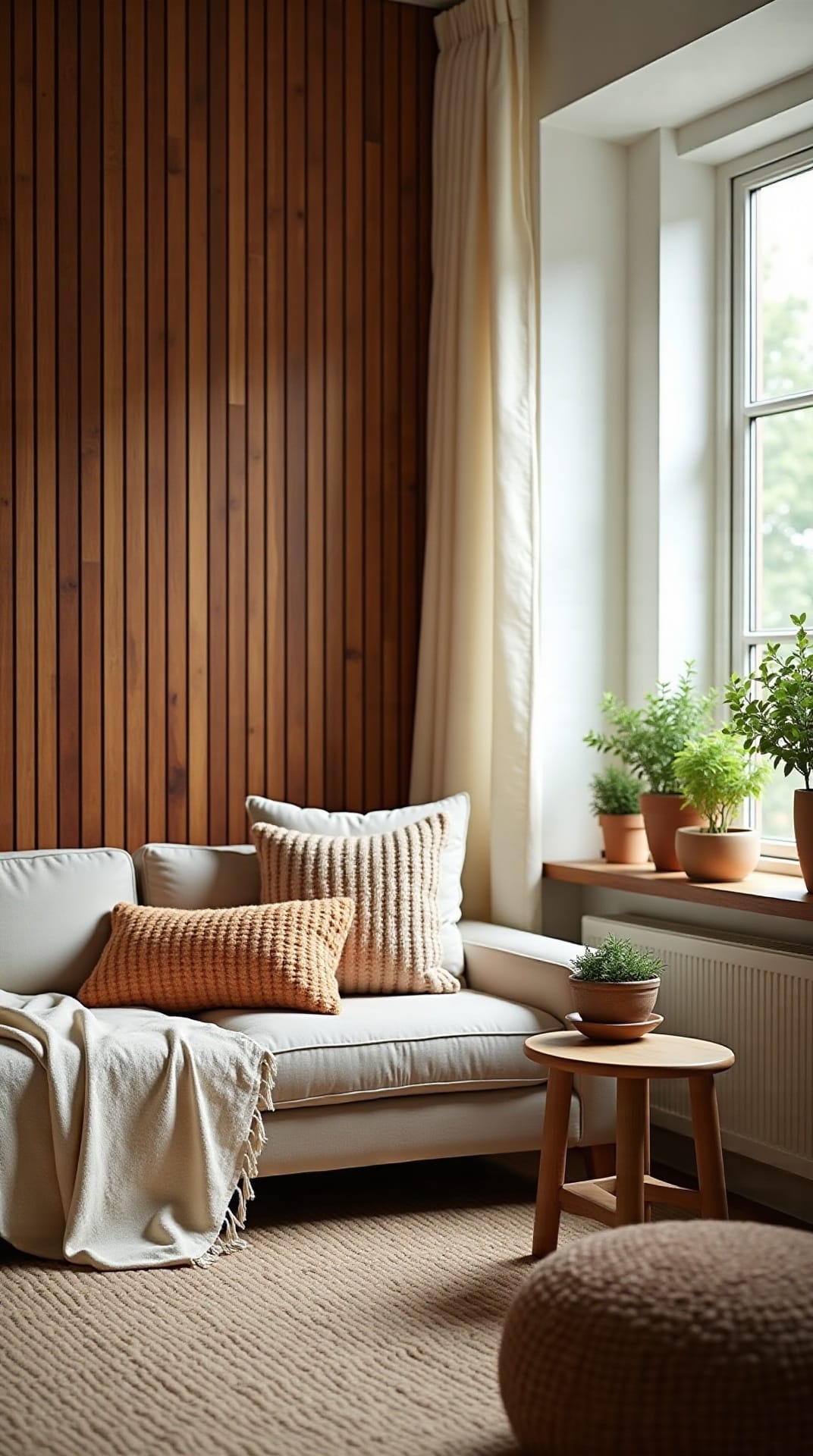 Warm wood-slat accent wall behind a boho sofa