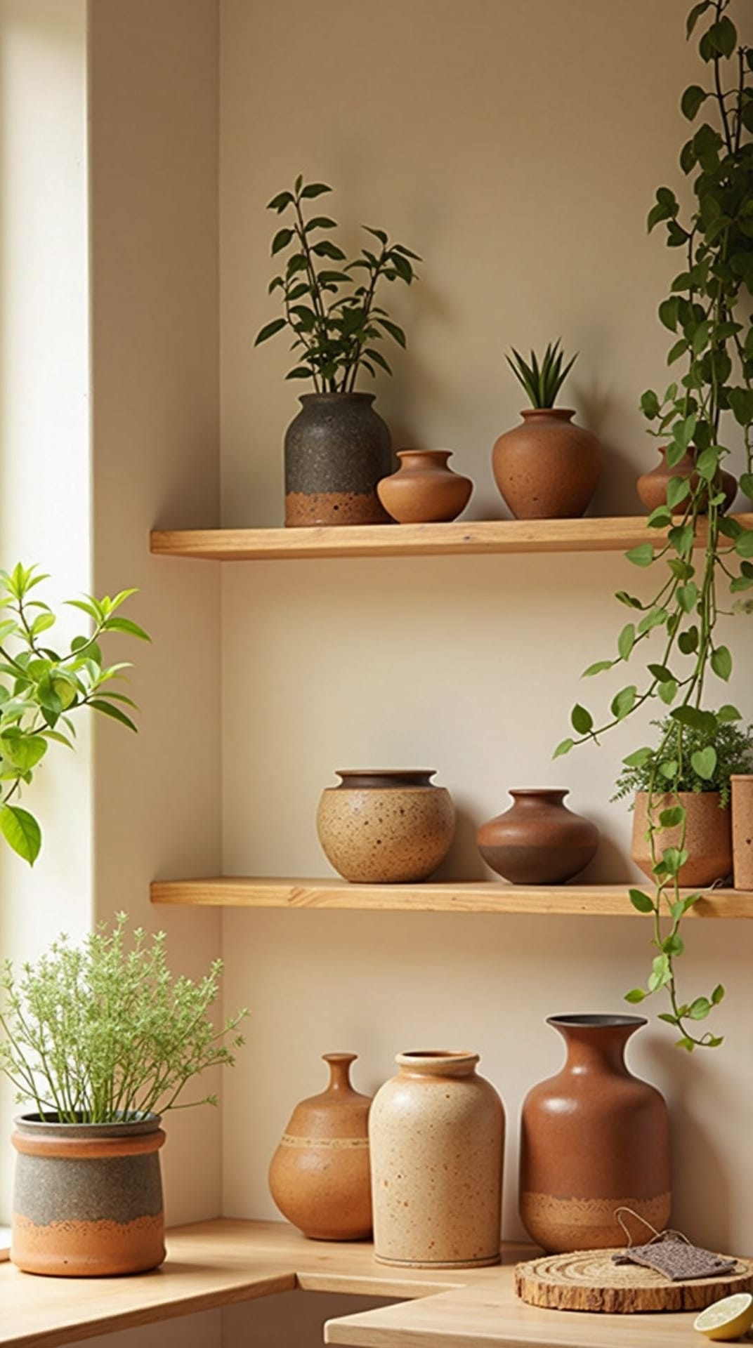 Handmade artisan pottery and vases on a wood shelf