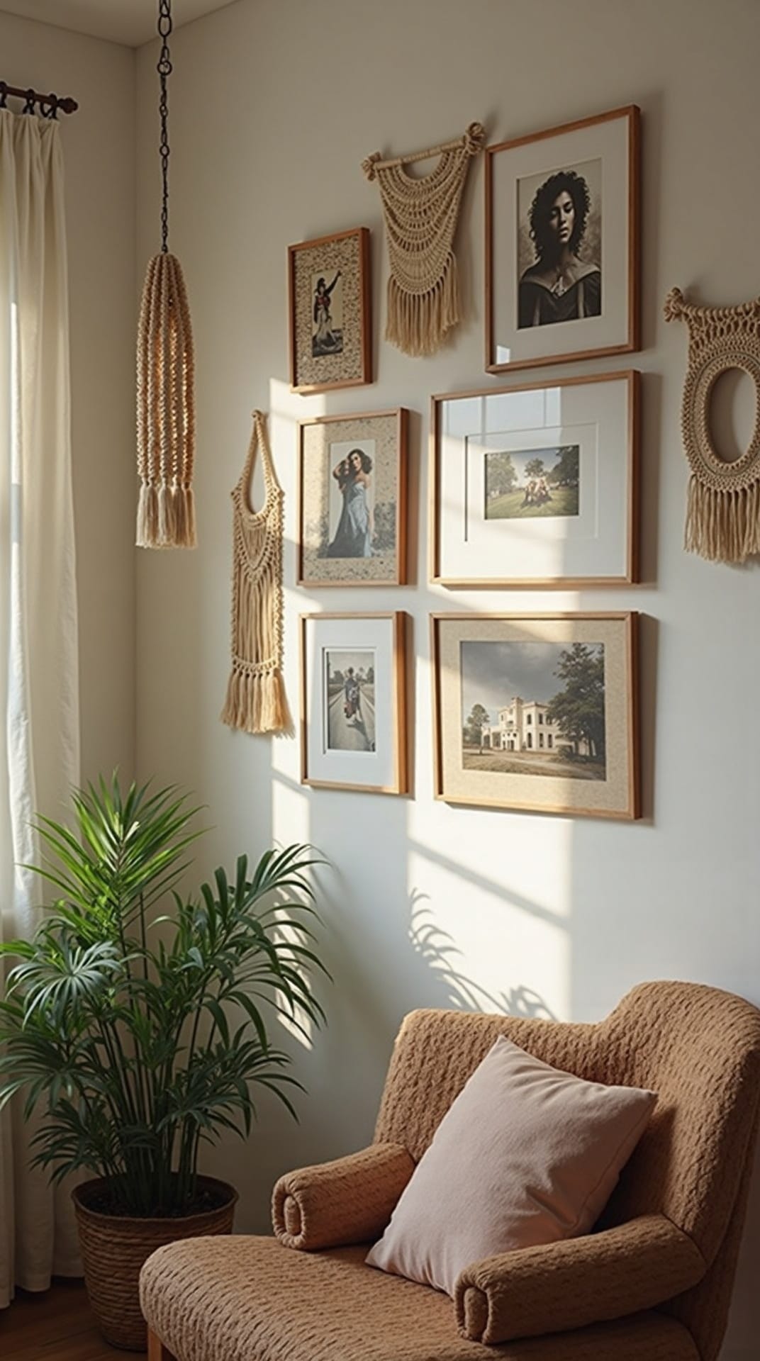 Boho gallery wall with mixed frames and woven baskets in a summer living room