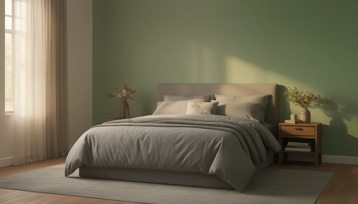 Balanced sage green and grey bedroom with layered warm grey bedding