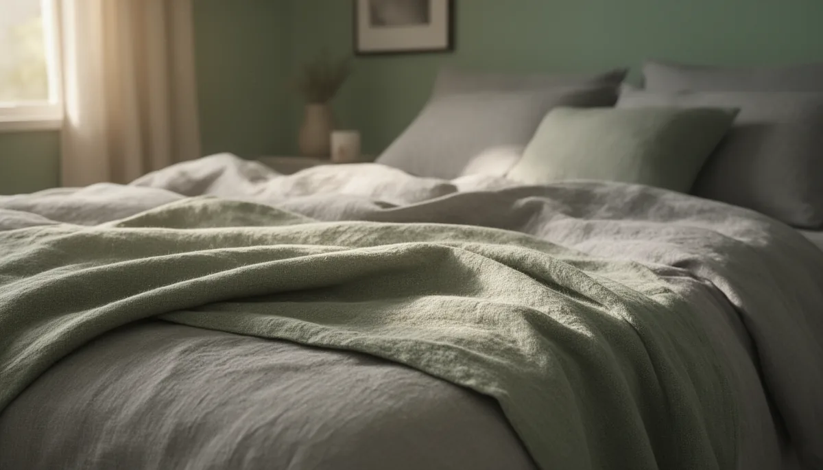 Warm grey bedding with a hint of beige next to sage green linen